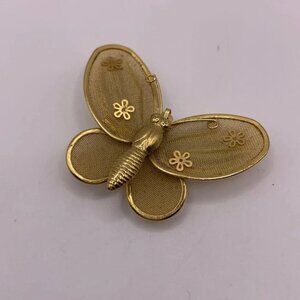 #127  Vintage gold tone mesh butterfly brooch pendant combo